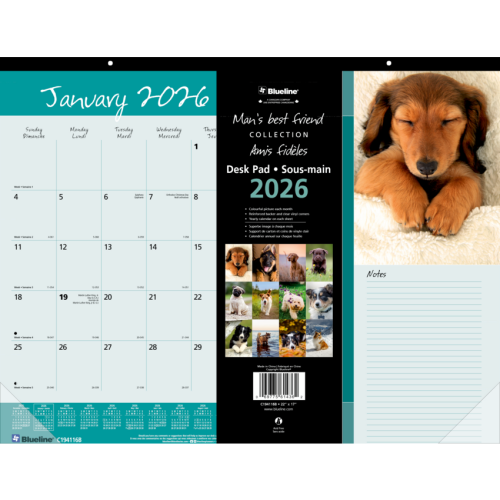 Blueline Man's Best Friend Monthly Desk Pad Calendar 22"x 17" , Bilingual - Julian Dates - Monthly - January - December - 1 Month Single Page Layout - 17" x 22" Sheet Size - Desk Pad - Paper - Bilingual, Notes Area, Tear-off, Event Planning Shee