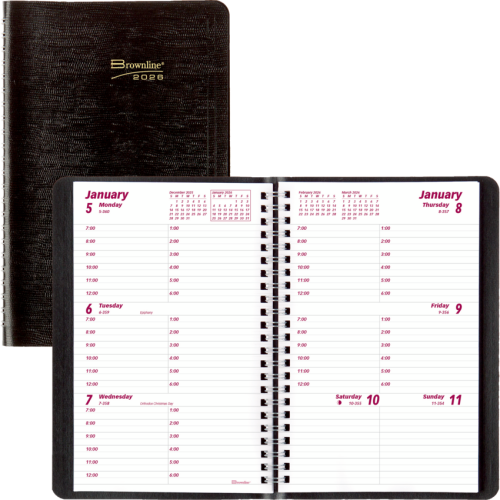 Brownline Essential Weekly Planner, 8" x 5" , English - Julian Dates - Weekly - January - December - 7:00 AM to 6:00 PM - Hourly - 1 Week Double Page Layout - 5" x 8" Sheet Size - Twin Wire - Black - Reference Calendar, Address Directory, Phone