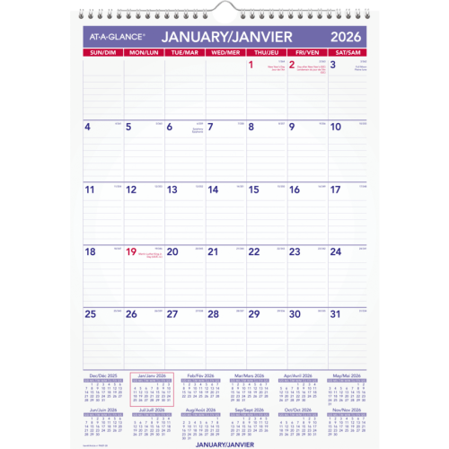At-A-Glance Calendar - Monthly - 12 Month - January - December - 1 Month Single Page Layout - 12" x 17" Sheet Size - Twin Wire - Wall MountRecyclable, Ruled Daily Block, Eyelet, Bilingual, Monthly Calendar