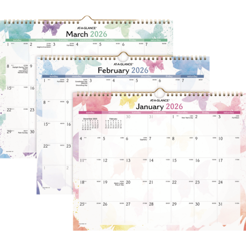 At-A-Glance WatercolorsWall Calendar - Medium Size - Julian Dates - Monthly - 12 Month - January - December - 1 Month Single Page Layout - 15" x 12" White Sheet - 1.75" (44.45 mm) x 2" (50.80 mm) Block - Wire Bound - Multi - Paper, Cardboard - 1