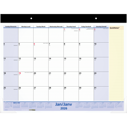 At-a-Glance QuickNotes Calendar - Monthly - 13 Month - January 2026 - January 2027 - 17" x 22" Sheet Size - Desk, Desk Pad - Wall Mount - Black - Paper - Notes Area, Eyelet, Monthly Calendar