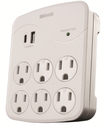 Woods 6-Outlet Surge Tap, 1000 Joules, 2 USB - White - 1 x USB Type A, 1 x USB Type C, 6 x AC Power - 1.80 kVA - 1000 J - 120 V AC Input