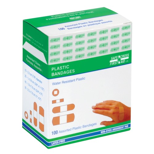 Safecross Plastic Bandages, Assorted Sizes, 100/Box - Assorted Sizes - 100/Box - Plastic