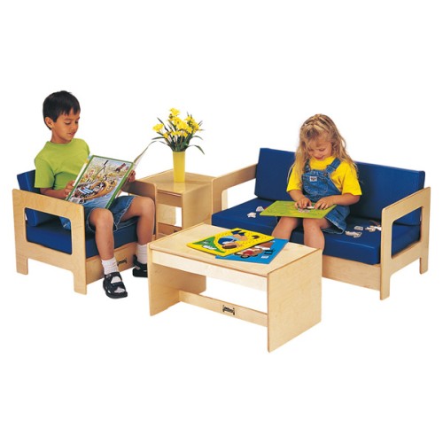 Jonti-Craft Living Room 4 Piece Set - Blue - 37.5" x 20" x 20" Couch, 19.5" x 20" x 20" Chair, 25" x 15.5" x 13" Coffee Table, 15" x 15.5" x 13" End Table - Material: Baltic Birch Frame - Finish: Blue Cushion - Cozy Seating - JNT0381JC
