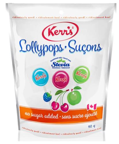 Kerr's No Sugar Added Lollypops with Stevia - Blue Raspberry, Green Apple, Cherry - Cholesterol-free, Gluten-free, Peanut-free, Nut-free - 3.17 oz (90 g) Bag