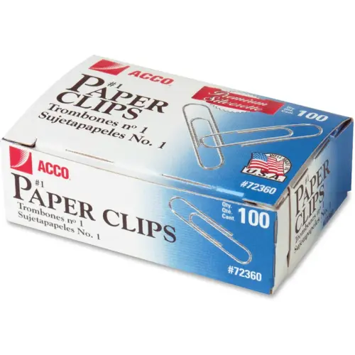 Acco Premium Paper Clips - No. 1 - 10 Sheet Capacity - Galvanized, Corrosion Resistant - Silver - Metal, Zinc Plated, 100 paperclips/box