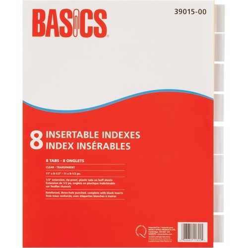 Basics® Insertable Indexes Clear 8 Tabs - Letter - 8.50" (215.90 mm) Width x 11" (279.40 mm) Length - 3 Hole Punched - Clear Plastic Tab(s) - Rip Proof, Reinforced - 1 / Set