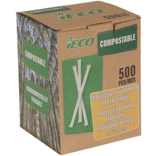 iECO 8" Paper Straw Wrapped 500/Box - 8" (203.20 mm) Length - Paper - White - 500 / PK