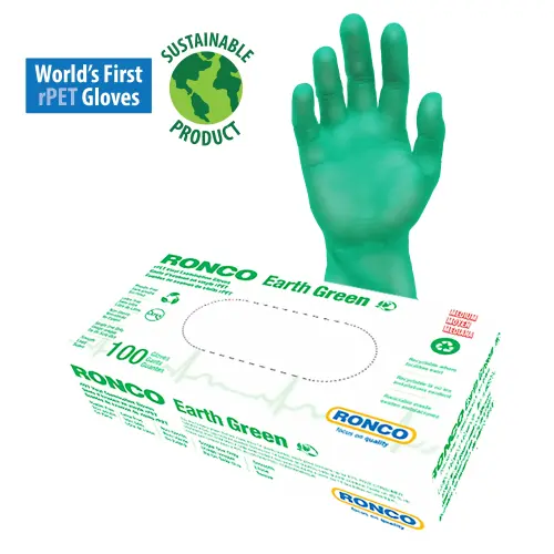 RONCO Earth Recycled PET Vinyl Examination Gloves - 3 mil (0.08 mm) Thickness x 9.45" (240 mm) Glove Length - Allergy Protection - Vinyl Coating - X-Large Size - For Right/Left Hand - Vinyl, Recycled Polyethylene Terephthalate (R-PET) - Green - Lightweigh
