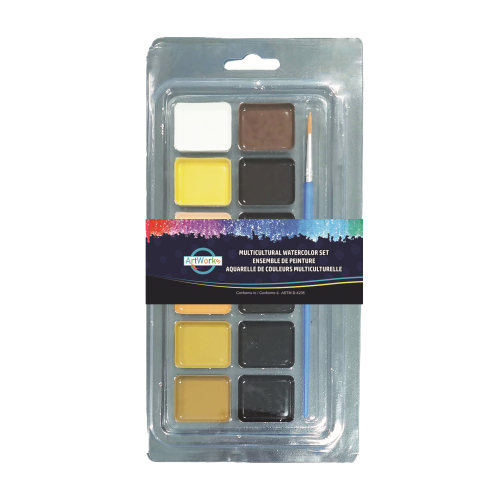 Watercolor paint set with 12 multicultural colors and 1 brush