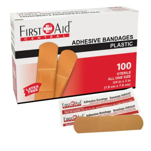 First Aid Central Adhesive Plastic Bandages, 1.9 x 7.6cm (3/4" x 3"), 100/Box - 0.75" (19.05 mm) Width x 3" (76.20 mm) Length