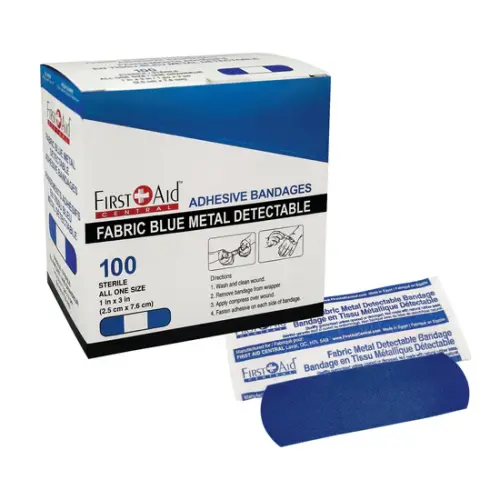 First Aid Central Adhesive Blue Metal Detectable Fabric Bandages, 2.5 x 7.6cm (1"x3"), 100/Box - 1" (25.40 mm) Width x 3" (76.20 mm) Length