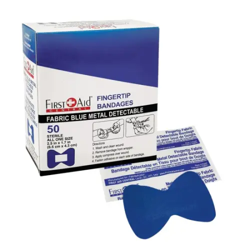 First Aid Central Adhesive Blue Metal Detectable Fabric Fingertip Bandages, 50/Box