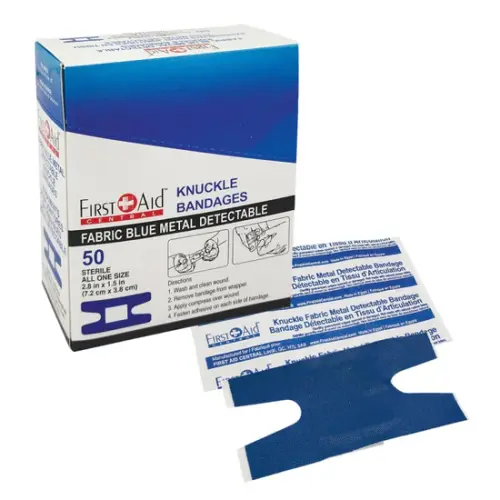 First Aid Central Adhesive Blue Metal Detectable Fabric Knuckle Bandages, 50/Box