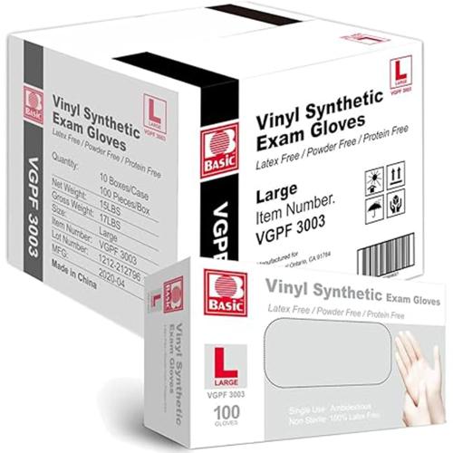 Medical Clear Vinyl Exam Gloves - Latex-Free & Powder-Free - Large - 100/PK