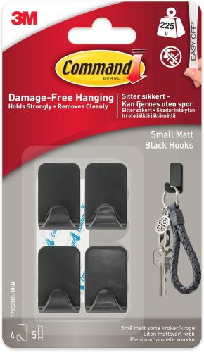 3M Command Small Metallic Hook, Matte Black, 4 Hooks, 5 Adhesive Strips - Indoor use - Damage Free Hanging