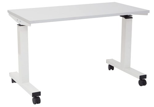 Pneumatic Height Adjustable Table with Locking Black Casters.