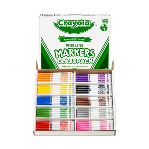 CRAYOLA MARKERS CLASSPACK, 200 MARKERS, 10 COLOURS FINELINE TIP