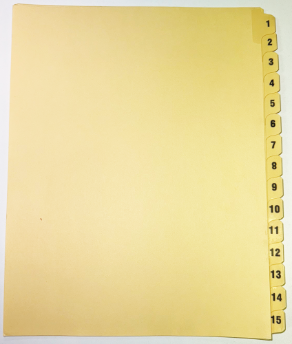 LEGAL INDEX, LETTER SIZE, BUFF COLLATED SETS 15/PK, 1-15