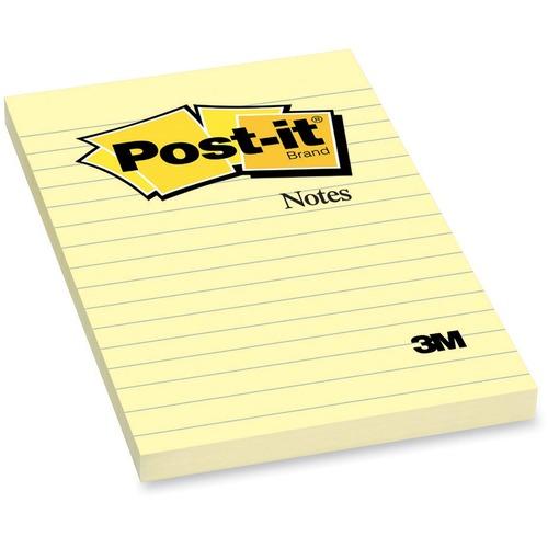 Post-it® Notes Original Lined Notepads - 100 - 4" x 6" - Rectangle - 100 Sheets per Pad - Ruled - Canary Yellow - Paper - Self-adhesive, Repositionable