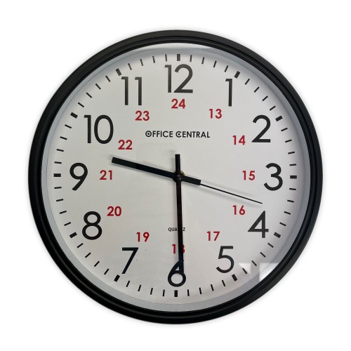 Wall Clock - Analog - Quartz - 12/24 H, Battery Operated, 12" Black - Wall Clocks - OFC14170