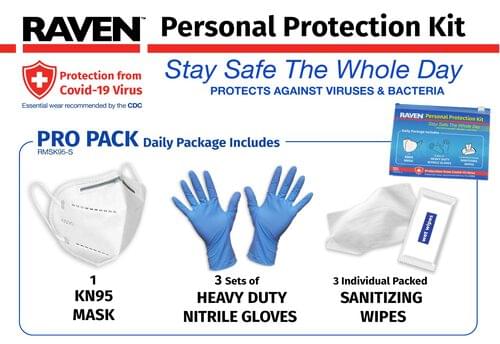 RAVEN PERSON PROTECT KIT - INCLUDES 1 KN95 MASK, 3 SETS OF HEAVY DUTY NITRILE GLOVES, 3 SANITIZING WIPES