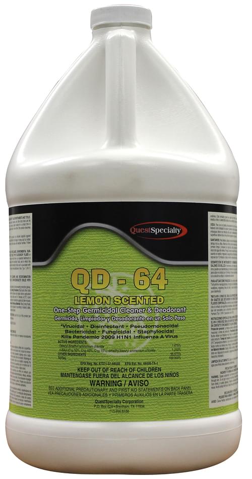 QuestSpecialty, QD-64, One-Step Germicidal Cleaner & Deodorant, Lemon Scent, 1 gal Concentrate, EPA Registered, USDA Authorized, Liquid, 3530