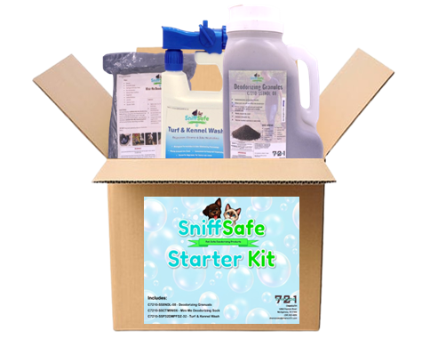 CCO721, SniffSafe Odor Control Starter Kit, Includes: (1) SS Turf & Kennel Wash, (1) Mini-Me Deodorizing Sock, (1) 8 Lb Deodorizing Granuals