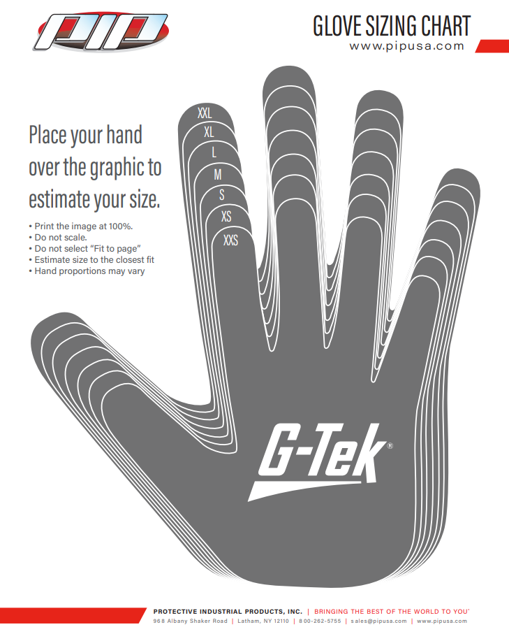 PIP Glove Size Chart