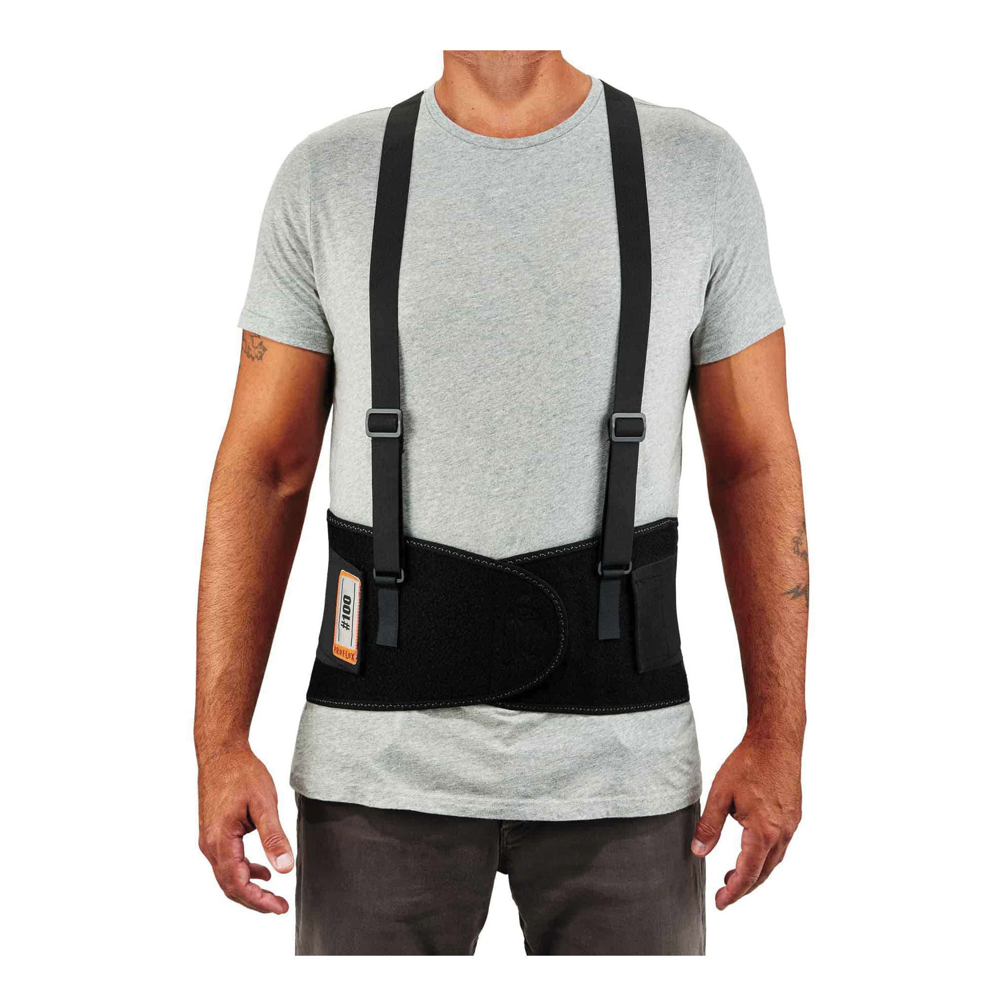 ProFlex® 100 Economy Back Support Brace With Suspenders, L, 8 in W, 280D Spandex®, Black, Hook and Loop Closure