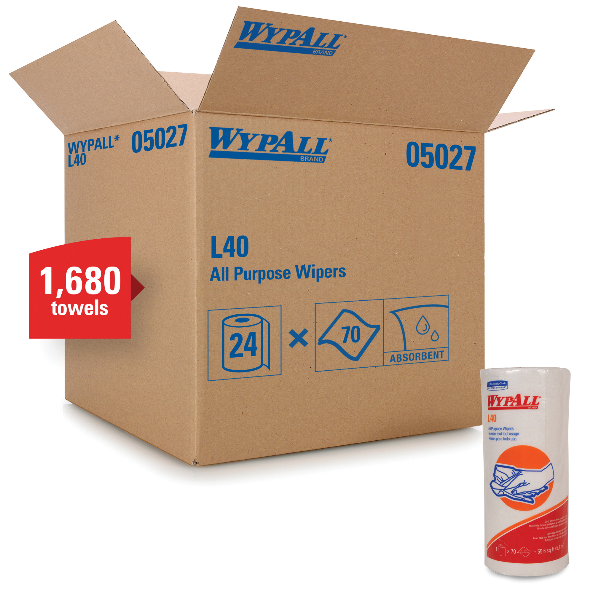 WypAll* 05027 L40 America's Favorite General Purpose Wiper, 11 x 10.4 in, 70 Sheets Capacity, Double Re-Creped, White