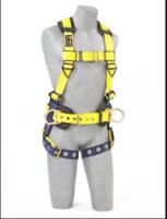 Construction vest style harness w/ back & side D-rings, tongue-buckle legs, body belt, back & shoulder pads