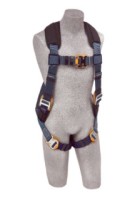 Arc flash harness w/ back & front web loops, quick-connect buckle legs & no metal above waist, leather insulators