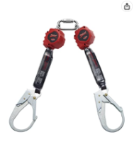 Twin-leg SRL w/ steel rebar hooks & quick connector for harness mounting