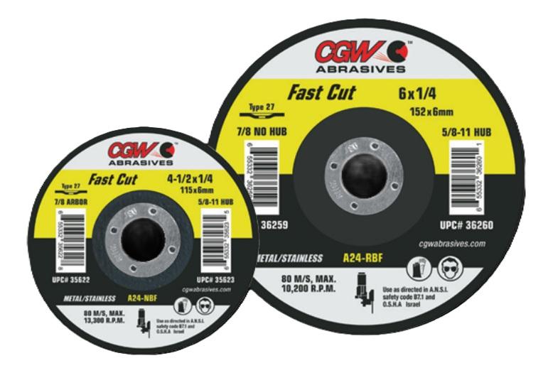 1/4" (.25) Depressed Center Grinding Wheels, Type 27 and 28 - Type 27, FAST CUT A24N - Size 4-1/2 x 1/4 x 7/8 - Grit T27