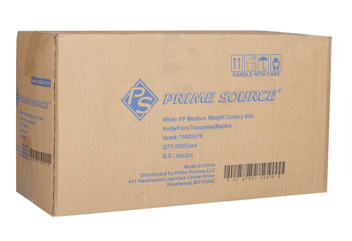 Prime Source® Polypropylene Cutlery Kit with Fork, Knife, Teaspoon, 13" x 10.5" 1-Ply Napkin, Medium Weight, White