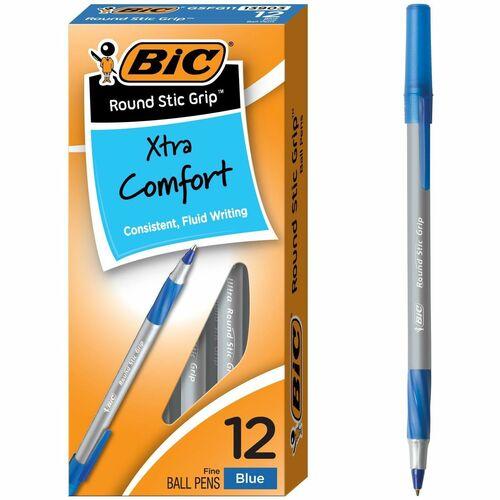 BIC Round Stic Comfort Grip Ballpoint Pen - Fine Pen Point - Blue Ink - Translucent Barrel - 12 / Box