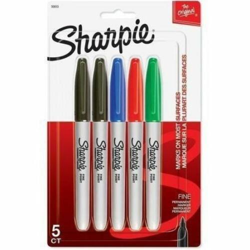Sharpie Permanent Marker - Fine Marker Point - Black, Red, Green, Blue Ink - 5 / Pack