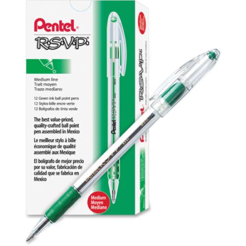 Pentel R.S.V.P. Ballpoint Stick Pens - 1 mm (0.04") Medium Pen Point - Refillable - Green Ink - Clear Barrel - Stainless Steel Tip - 1 Dozen
