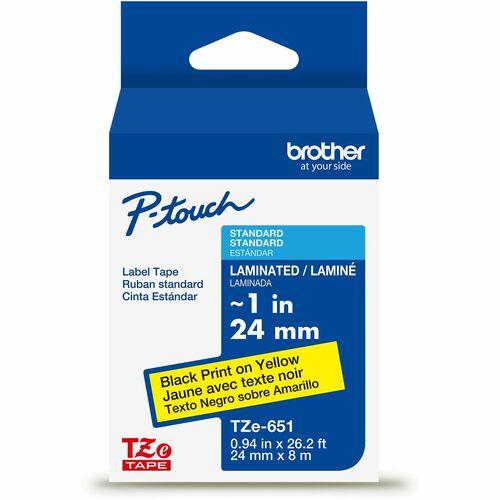 Brother Genuine P-touch TZe651 BK on YL Label Tape, Laminated, 24mmX8m - 15/16" (24 mm) Width - Yellow - Laminated -Water Resistant - Durable, Abrasion Resistant, Chemical Resistant, Grease Resistant, Grime Resistant, Temperature Resistant, Fade Resistant