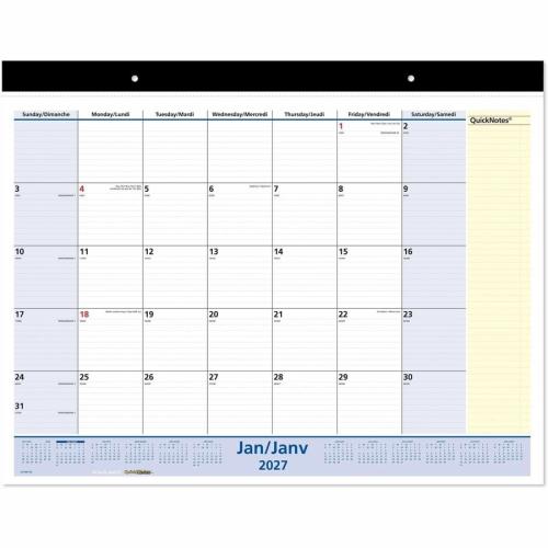 At-A-Glance 2027 QuickNotes Monthly Desk Pad Calendar - 17" H x 21-3/4" W - Bilingual - Bilingual - Monthly - 13 Month - January 2027 to January 2028 - 1 Month Single Page Layout - 21 45/64" (551.18 mm) x 17" (431.80 mm) Sheet Size - Desk - Wall Mount - B