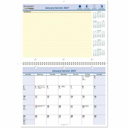 At-A-Glance 2027 QuickNotes Monthly Wall/Desk Calendar - 8" H x 11" W - Bilingual - Bilingual - Desk - Monthly - 12 Month - January 2027 to December 2027 - 11" (279.40 mm) x 8" (203.20 mm) Sheet Size - 3 x Holes - Wire Bound - Desk - Wall Mount - Blue - 8