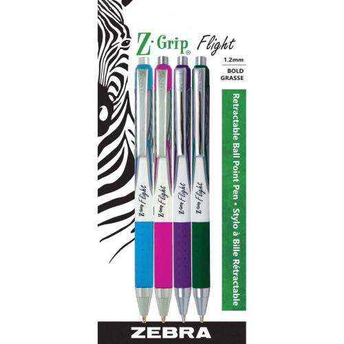 Zebra Pen Z-Grip Flight Ballpoint Pen - 1.2 mm (0.05") Bold Pen Point - Retractable - Assorted Ink - Plastic Barrel - 4 / Pack