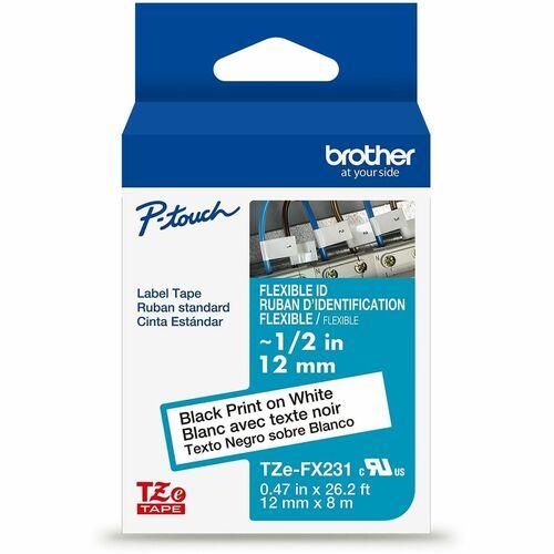 Brother Genuine P-touch TZeFX231 BK on WHT Label Tape, Flexible ID Laminated, 12mmX8m - x 15/32" (12 mm) Width - White - Polyester - Water Resistant - Laminated - Durable, Abrasion Resistant, Chemical Resistant, Grease Resistant, Grime Resistant, Temperat