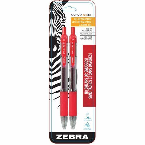 Zebra Pen Sarasa Dry X20 Gel Pen - 0.7 mm (0.03") Medium Pen Point - Refillable - Retractable - Red Ink - 2 / Pack