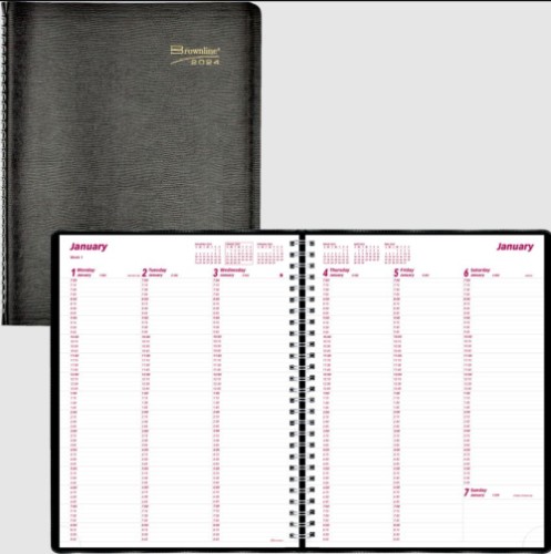 Brownline® Essential Weekly Diaries - Weekly - January 2025 till December 2025 - 7:00 AM to 8:45 PM - Quarter-hourly, 7:00 AM to 5:45 PM - Quarter-hourly - 1 Week Double Page Layout - 8 1/2" x 11" Sheet Size - Black - Address Directory, Phone Directory