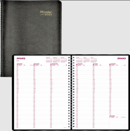 Brownline® Essential Weekly Diaries - Weekly - January 2024 till December 2024 - 7:00 AM to 8:45 PM - Quarter-hourly, 7:00 AM to 5:45 PM - Quarter-hourly - 1 Week Double Page Layout - 8 1/2" x 11" Sheet Size - Black - Address Directory, Phone Directory