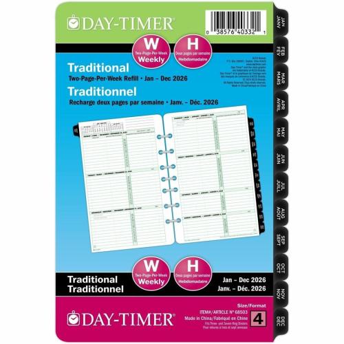 Day-Timer 2026 Dated Refill 2-Pages/Week Desk - 8-1/2" H x 5-1/2" W - Bilingual - Desk - Weekly - 12 Month - January 2026 to December 2026 - 8:00 AM to 12:00 PM - Hourly - Saturday - Sunday, 8:00 AM to 5:00 PM - Hourly - Monday - Friday - 1 Week Double Pa