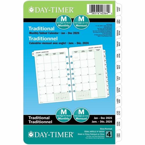 Day-Timer 2026 Dated Refill 2-Pages/Month Desk - 8-1/2" H x 5-1/2" W - Bilingual - Desk - Monthly - 12 Month - January 2026 to December 2026 - 1 Month Double Page Layout - 5 1/2" (139.70 mm) x 8 1/2" (215.90 mm) Sheet Size - 7 x Holes - Green - Paper - Pa