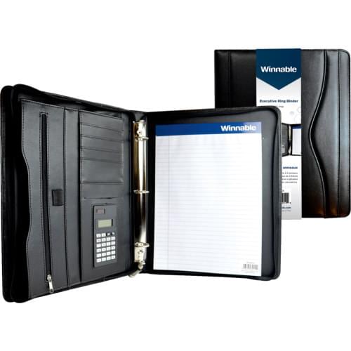 Winnable Zippered Ring Binder with Calculator 1" Black